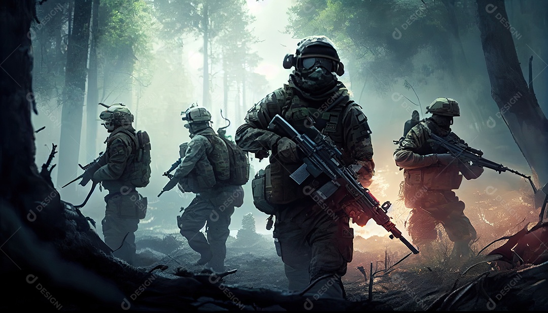 Um grupo de soldados do exército lutando com armas e defendendo seu país na floresta Memorial Dia, lembrando os soldados caídos em todo o mundo