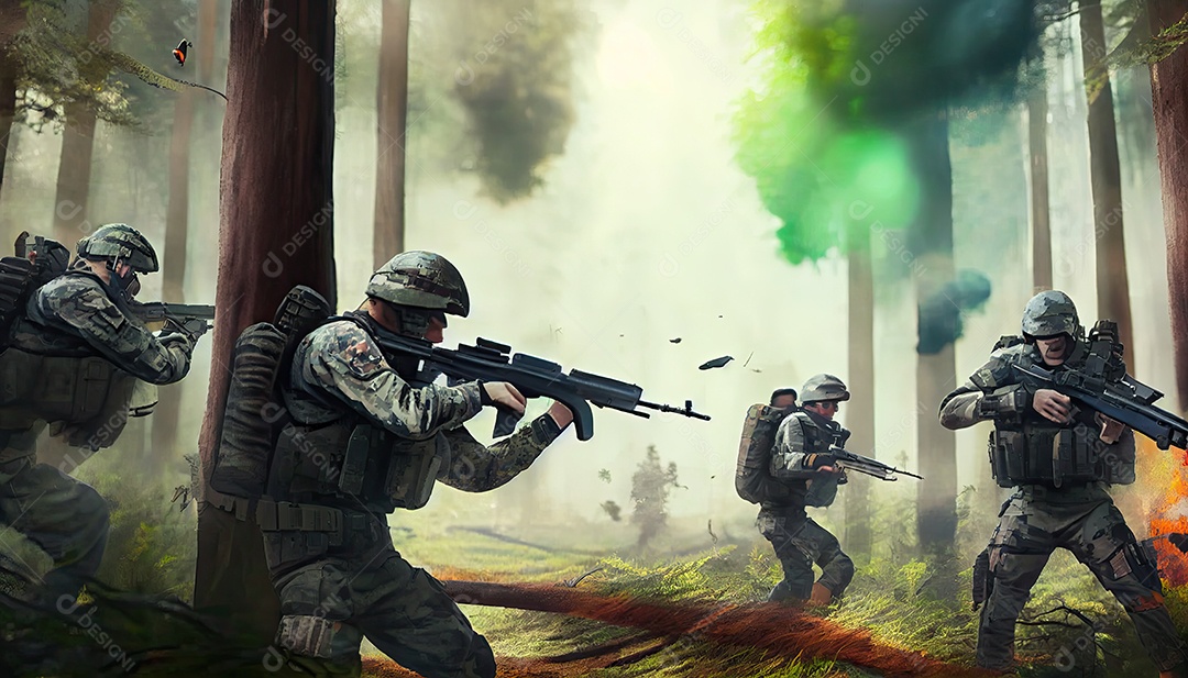 Um grupo de soldados do exército lutando com armas e defendendo seu país na floresta Memorial Dia, lembrando os soldados caídos em todo o mundo