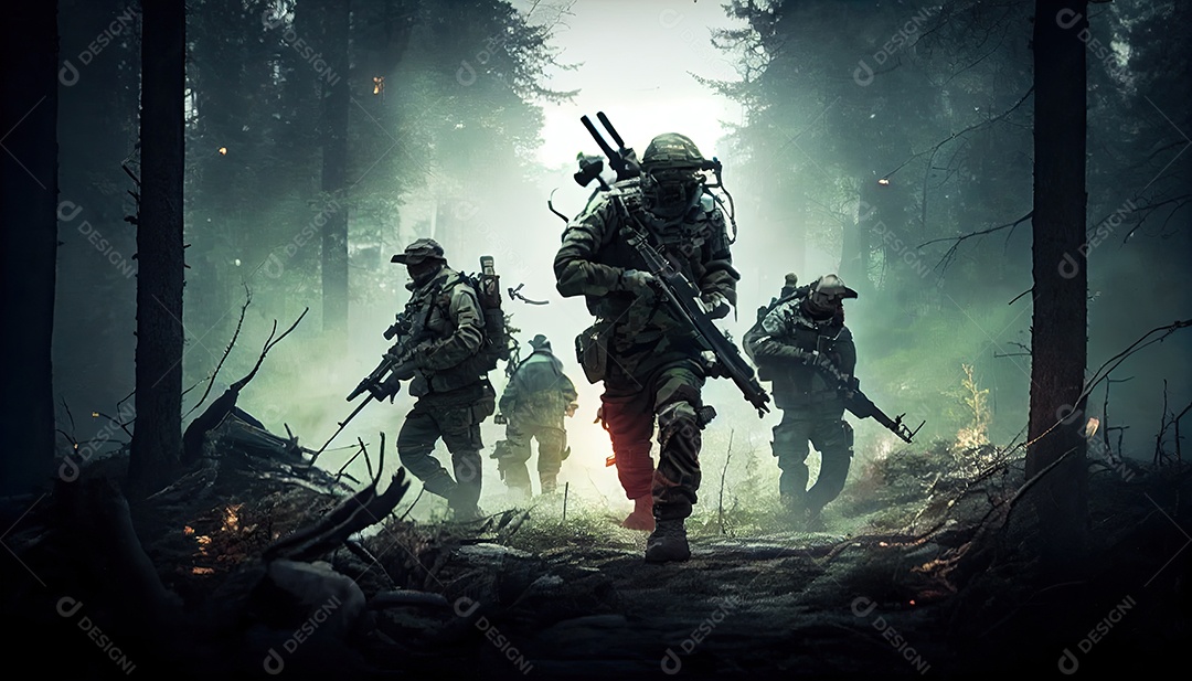 Um grupo de soldados do exército lutando com armas e defendendo seu país na floresta Memorial Dia, lembrando os soldados caídos em todo o mundo