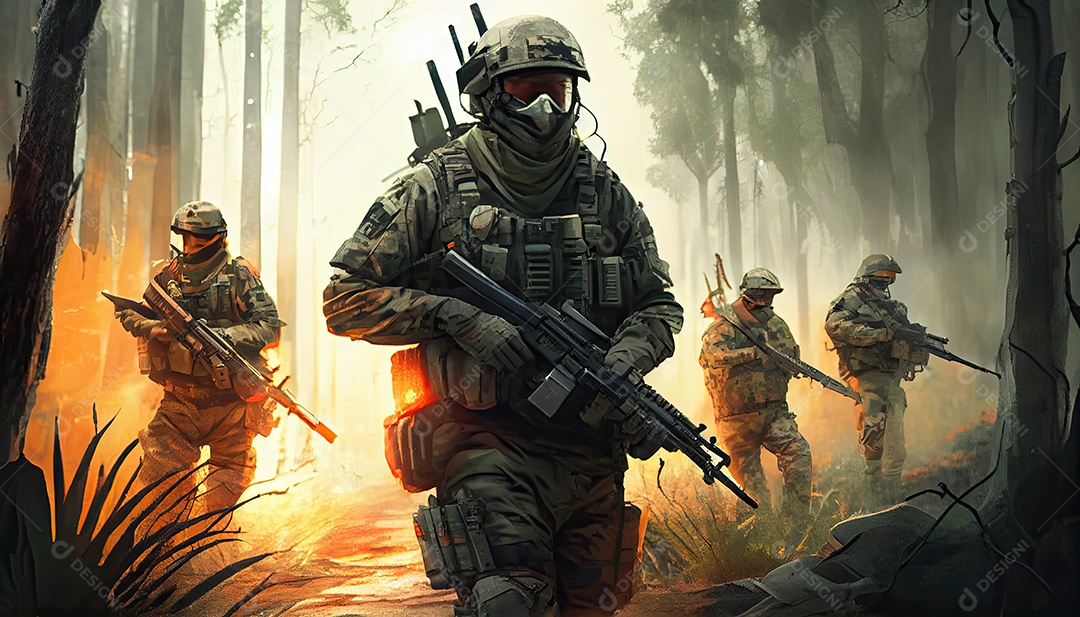 Um grupo de soldados do exército lutando com armas e defendendo seu país na floresta Memorial Dia, lembrando os soldados caídos em todo o mundo