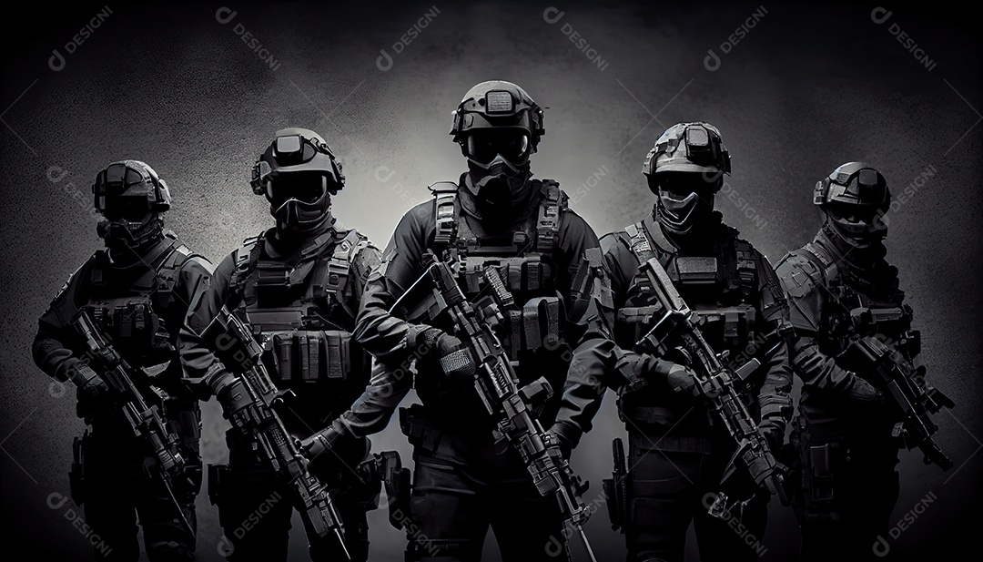 Grupo de forças especiais armadas em uma lei de fundo escuro e conceito de proteção de ordem grupo SWAT antiterrorismo Memorial Dia lembrando os soldados caídos em todo o mundo