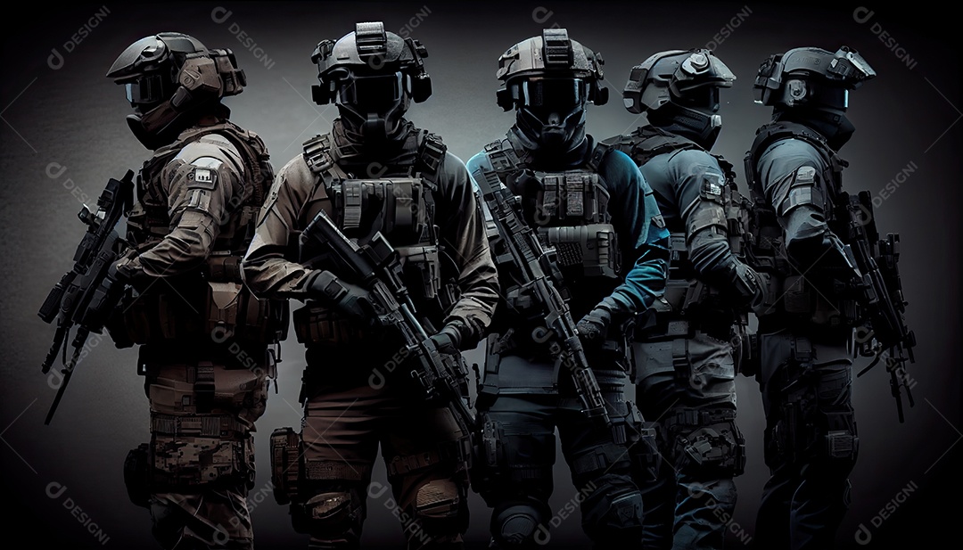 Grupo de forças especiais armadas em uma lei de fundo escuro e conceito de proteção de ordem grupo SWAT antiterrorismo Memorial Dia lembrando os soldados caídos em todo o mundo