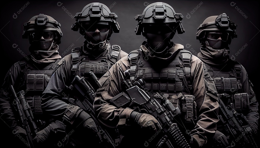 Grupo de forças especiais armadas em uma lei de fundo escuro e conceito de proteção de ordem grupo SWAT antiterrorismo Memorial Dia lembrando os soldados caídos em todo o mundo