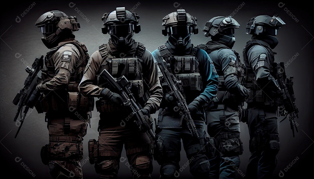 Grupo de forças especiais armadas em uma lei de fundo escuro e conceito de proteção de ordem grupo SWAT antiterrorismo Memorial Dia lembrando os soldados caídos em todo o mundo