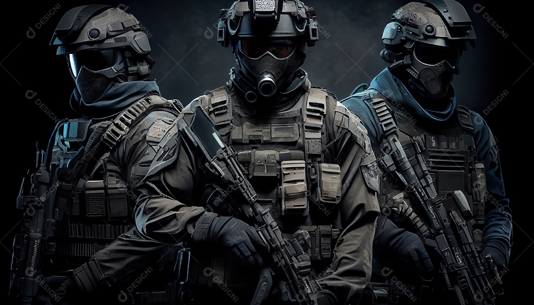 Grupo de forças especiais armadas em uma lei de fundo escuro e conceito de proteção de ordem grupo SWAT antiterrorismo Memorial Dia lembrando os soldados caídos em todo o mundo