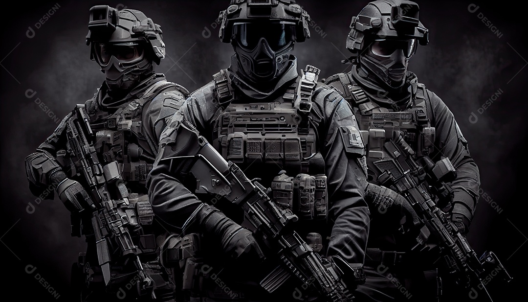 Grupo de forças especiais armadas em uma lei de fundo escuro e conceito de proteção de ordem grupo SWAT antiterrorismo Memorial Dia lembrando os soldados caídos em todo o mundo