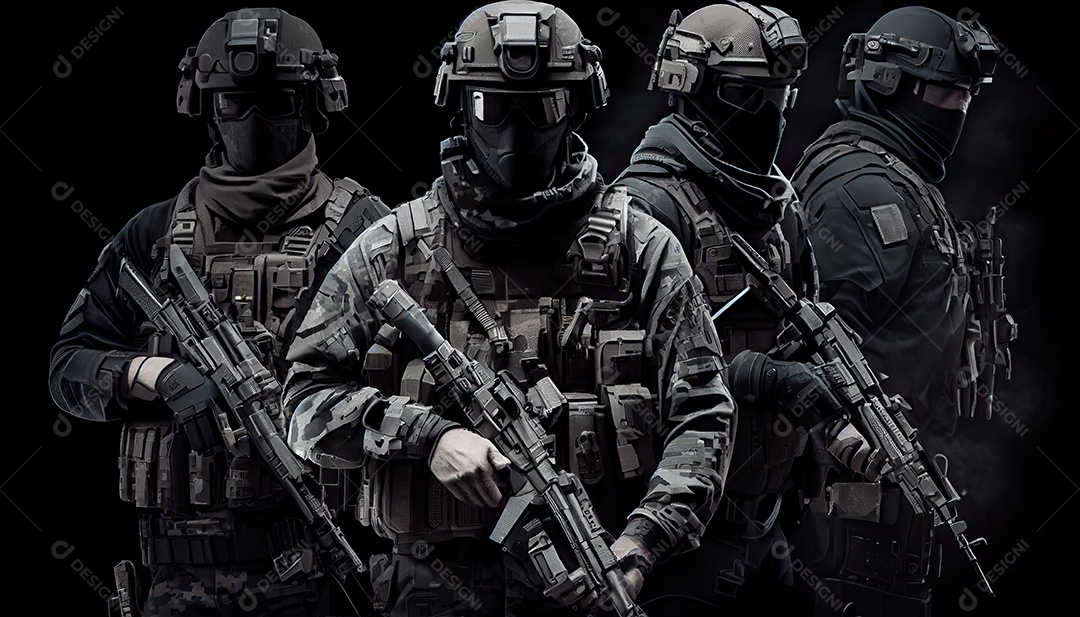 Grupo de forças especiais armadas em uma lei de fundo escuro e conceito de proteção de ordem grupo SWAT antiterrorismo Memorial Dia lembrando os soldados caídos em todo o mundo