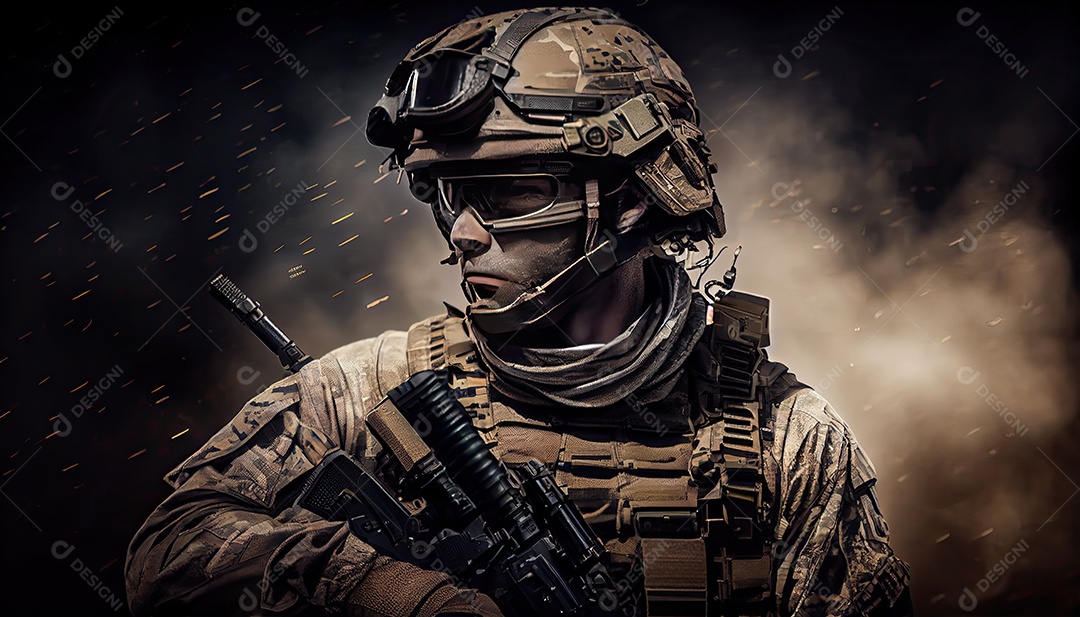 Soldado das forças especiais da unidade de elite em uniforme de camuflagem posando com rifle de assalto Memorial Dia lembrando os soldados caídos em todo o mundo