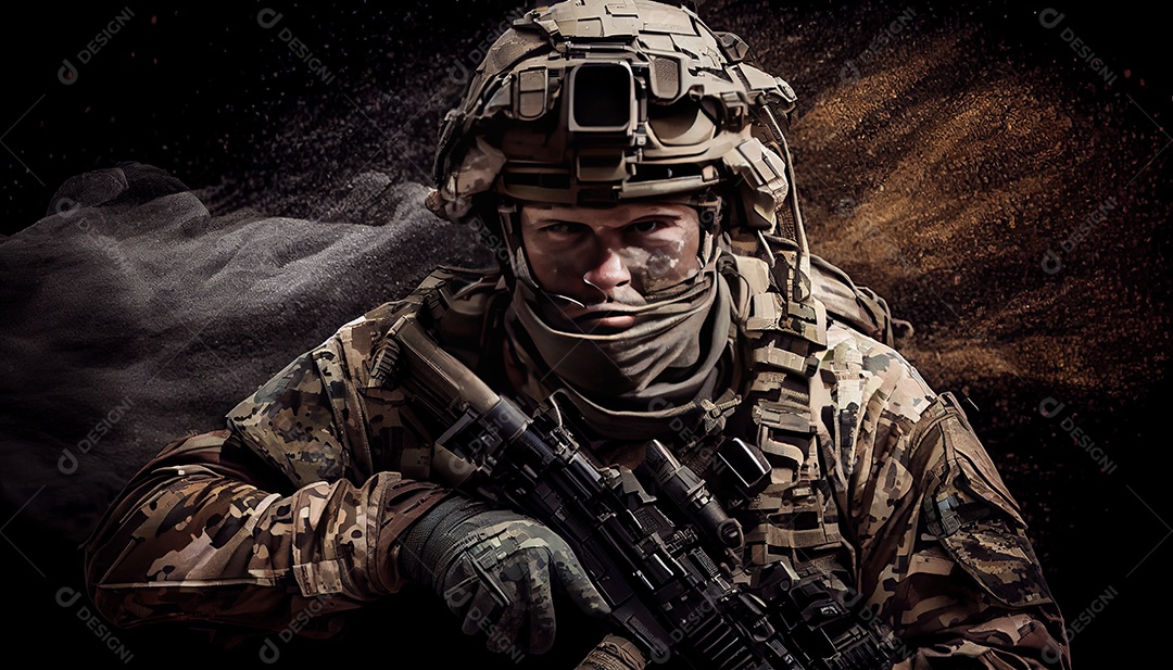 Soldado das forças especiais da unidade de elite em uniforme de camuflagem posando com rifle de assalto Memorial Dia lembrando os soldados caídos em todo o mundo