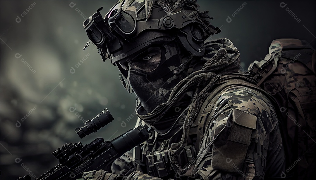 Soldado das forças especiais da unidade de elite em uniforme de camuflagem posando com rifle de assalto Memorial Dia lembrando os soldados caídos em todo o mundo