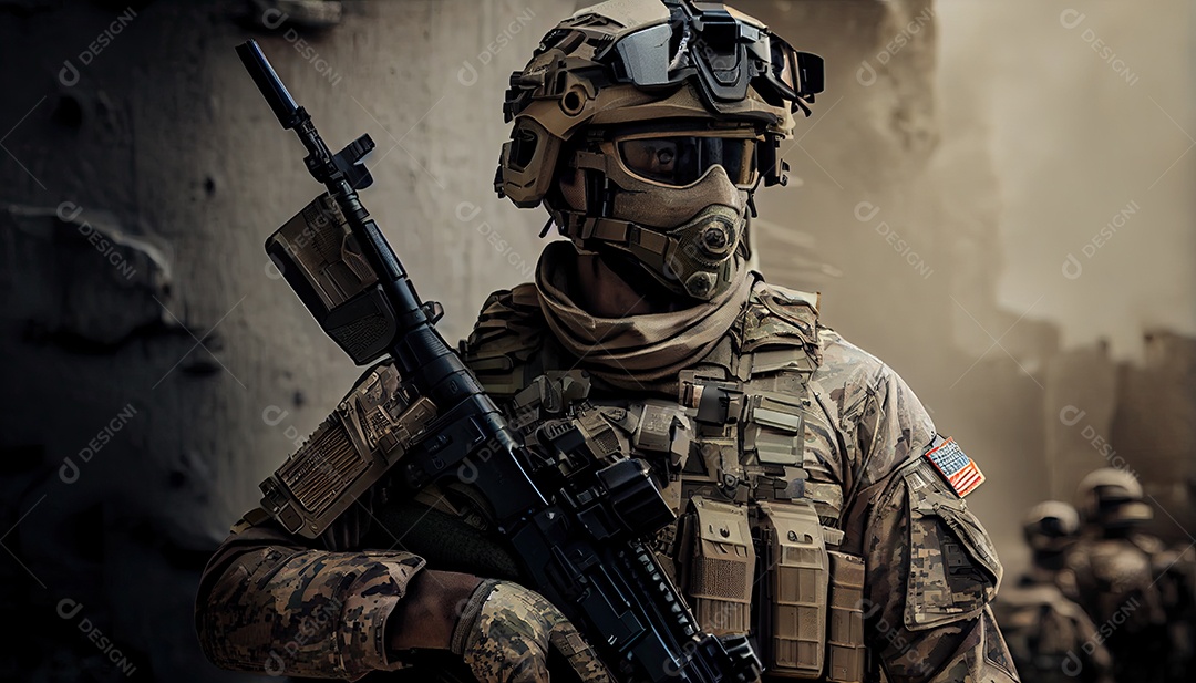 Soldado das forças especiais da unidade de elite em uniforme de camuflagem posando com rifle de assalto Memorial Dia lembrando os soldados caídos em todo o mundo
