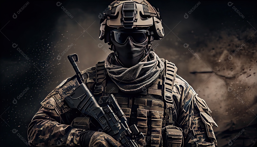 Soldado das forças especiais da unidade de elite em uniforme de camuflagem posando com rifle de assalto Memorial Dia lembrando os soldados caídos em todo o mundo