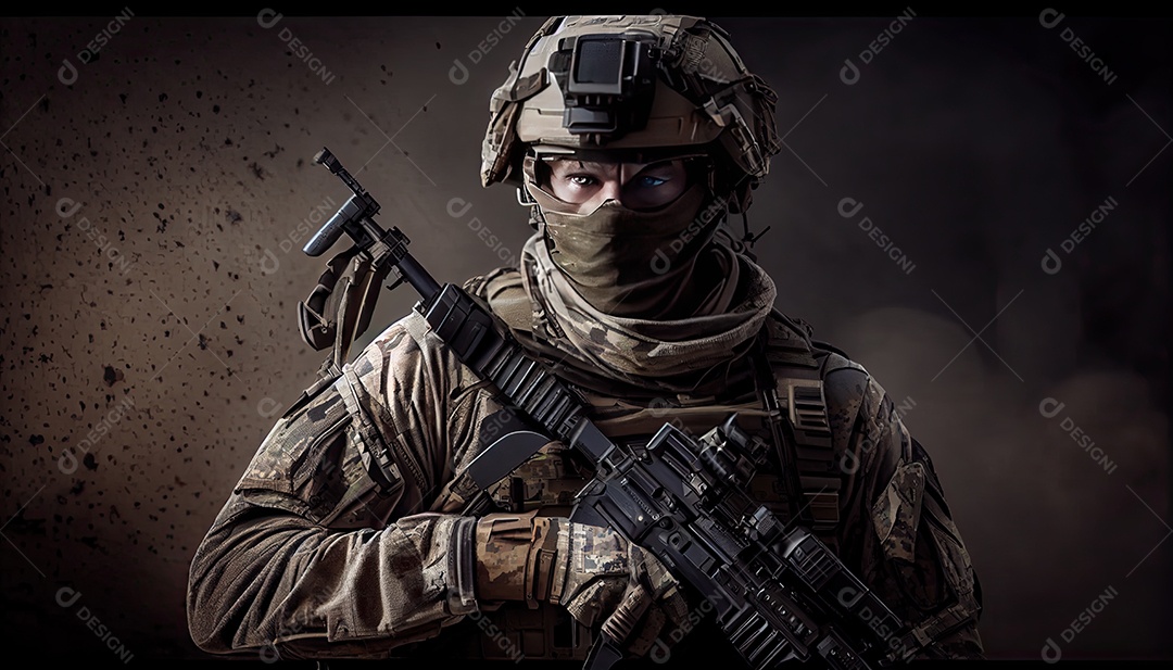 Soldado das forças especiais da unidade de elite em uniforme de camuflagem posando com rifle de assalto Memorial Dia lembrando os soldados caídos em todo o mundo