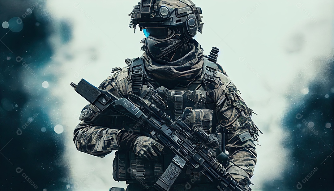 Soldado das forças especiais da unidade de elite em uniforme de camuflagem posando com rifle de assalto Memorial Dia lembrando os soldados caídos em todo o mundo