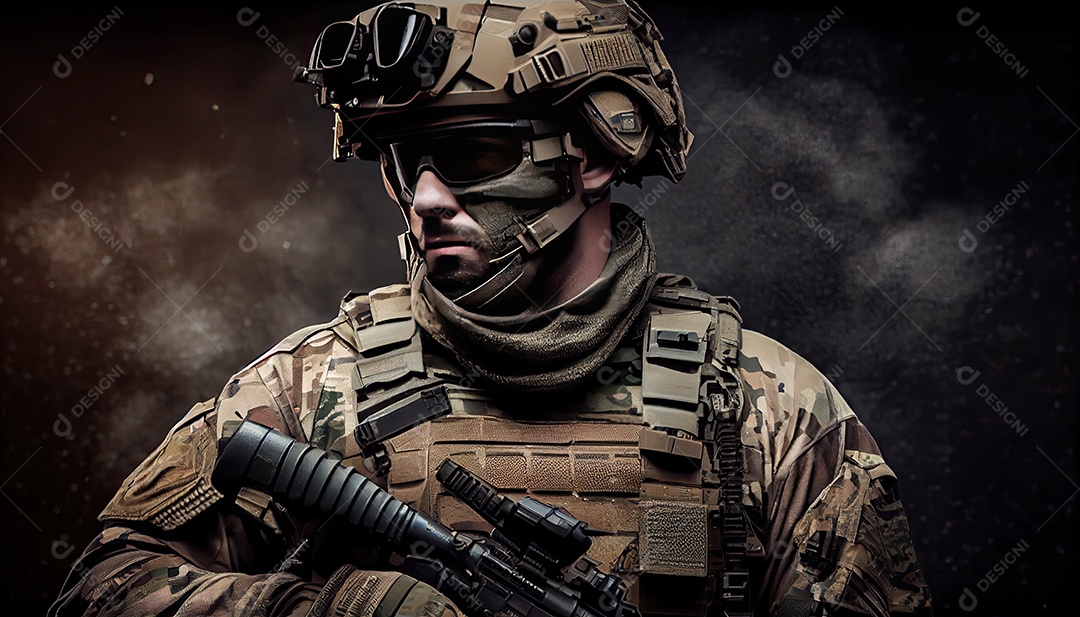 Soldado das forças especiais da unidade de elite em uniforme de camuflagem posando com rifle de assalto Memorial Dia lembrando os soldados caídos em todo o mundo