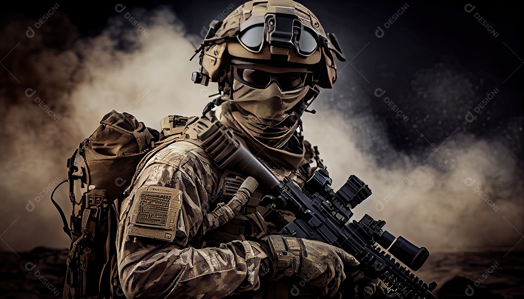 Soldado das forças especiais da unidade de elite em uniforme de camuflagem posando com rifle de assalto Memorial Dia lembrando os soldados caídos em todo o mundo