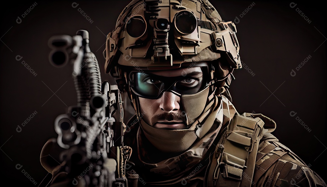 Soldado das forças especiais da unidade de elite em uniforme de camuflagem posando com rifle de assalto Memorial Dia lembrando os soldados caídos em todo o mundo