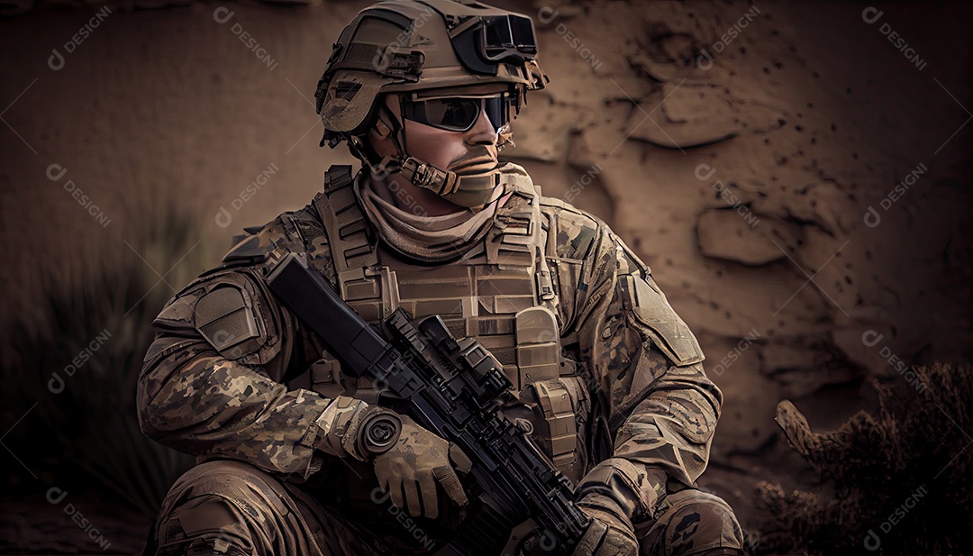 Soldado das forças especiais da unidade de elite em uniforme de camuflagem posando com rifle de assalto Memorial Dia lembrando os soldados caídos em todo o mundo