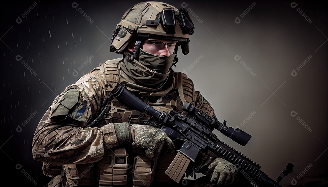 Soldado das forças especiais da unidade de elite em uniforme de camuflagem posando com rifle de assalto Memorial Dia lembrando os soldados caídos em todo o mundo