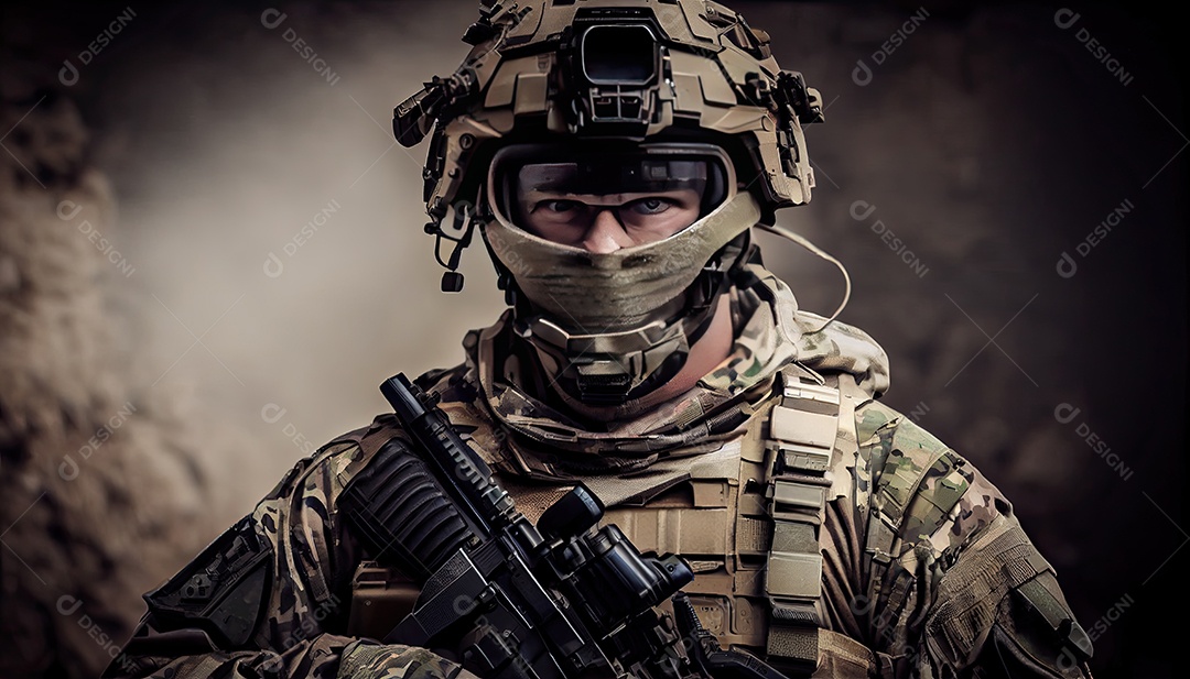 Soldado das forças especiais da unidade de elite em uniforme de camuflagem posando com rifle de assalto Memorial Dia lembrando os soldados caídos em todo o mundo