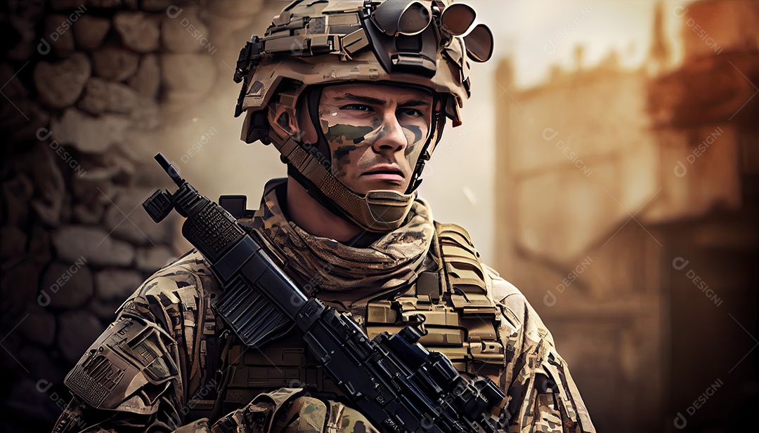 Soldado das forças especiais da unidade de elite em uniforme de camuflagem posando com rifle de assalto Memorial Dia lembrando os soldados caídos em todo o mundo