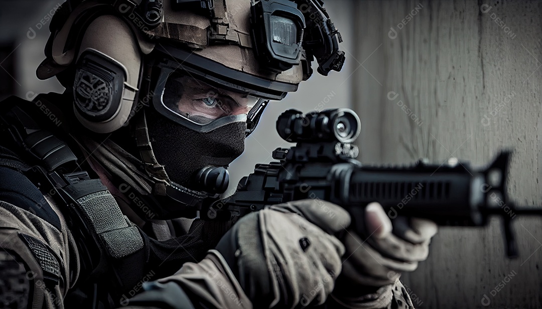 Empreiteiros de serviço de segurança privada a unidade especial de elite soldado de proteção total segurando rifle de assalto visando o alvo Dia Memorial lembrando os soldados caídos em todo o mundo