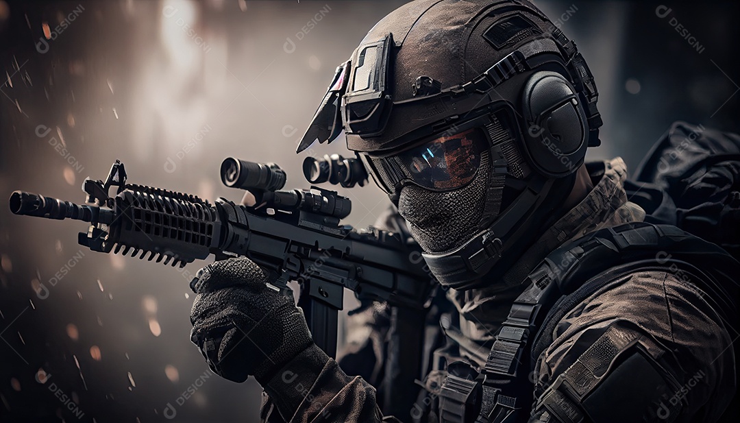 Empreiteiros de serviço de segurança privada a unidade especial de elite soldado de proteção total segurando rifle de assalto visando o alvo Dia Memorial lembrando os soldados caídos em todo o mundo