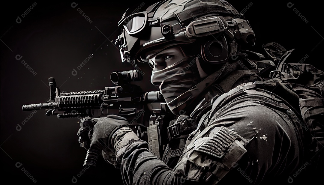 Empreiteiros de serviço de segurança privada a unidade especial de elite soldado de proteção total segurando rifle de assalto visando o alvo Dia Memorial lembrando os soldados caídos em todo o mundo