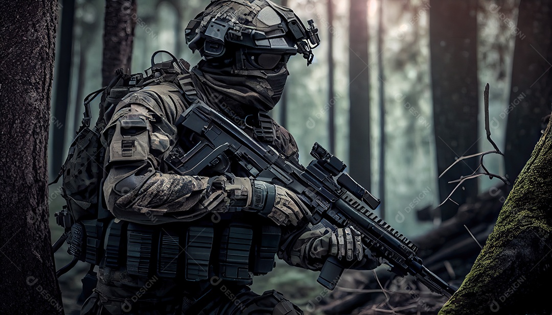 Empreiteiros de serviço de segurança privada a unidade especial de elite soldado de proteção total segurando rifle de assalto visando o alvo Dia Memorial lembrando os soldados caídos em todo o mundo