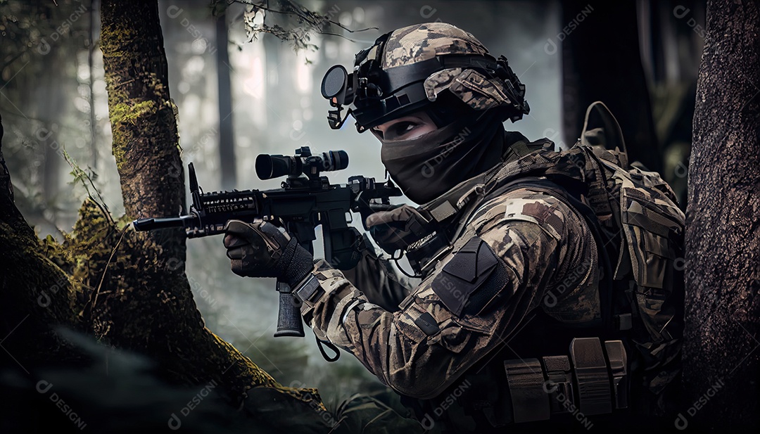 Empreiteiros de serviço de segurança privada a unidade especial de elite soldado de proteção total segurando rifle de assalto visando o alvo Dia Memorial lembrando os soldados caídos em todo o mundo