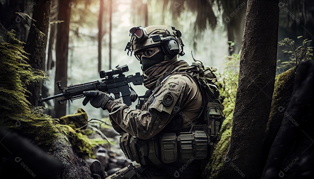 Empreiteiros de serviço de segurança privada a unidade especial de elite soldado de proteção total segurando rifle de assalto visando o alvo Dia Memorial lembrando os soldados caídos em todo o mundo