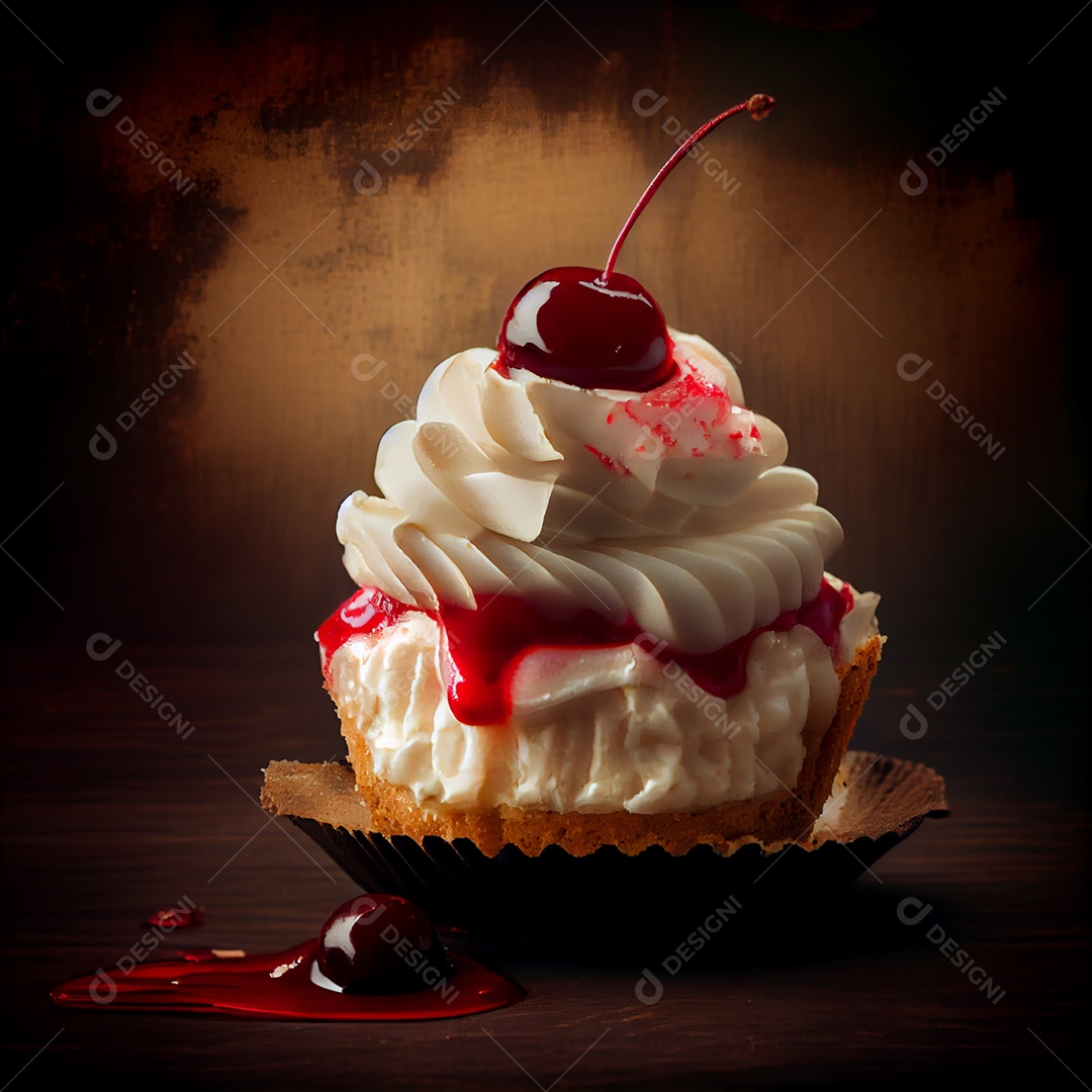 Delicioso cupcake com chantilly e cereja