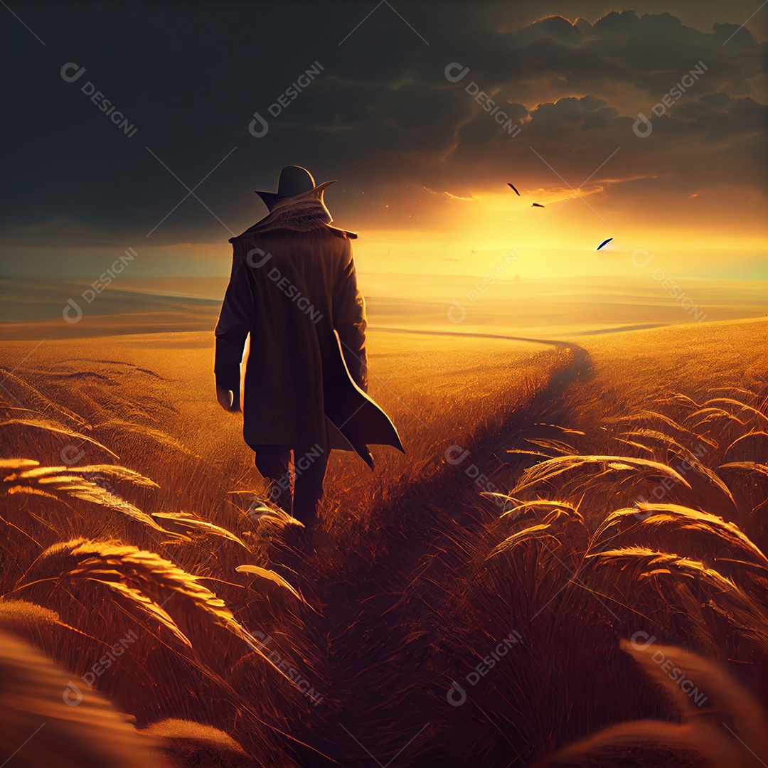 Silhueta homem andando sobre o campo de plantações