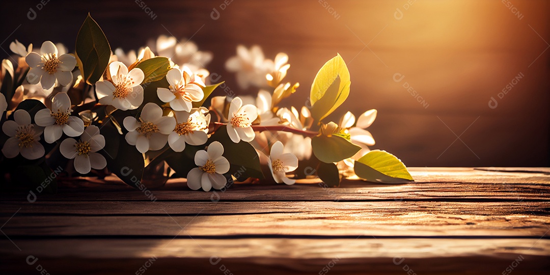 Cenário de madeira com flores brancas