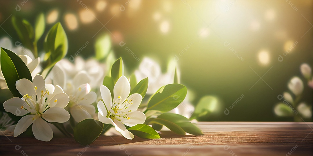 Cenário de madeira com flores brancas