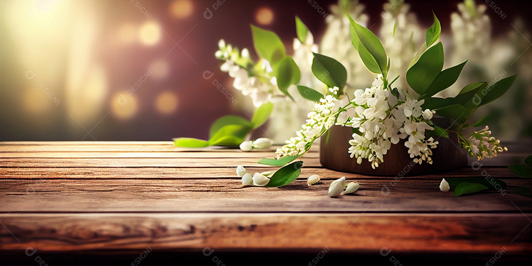 Cenário de madeira com flores brancas