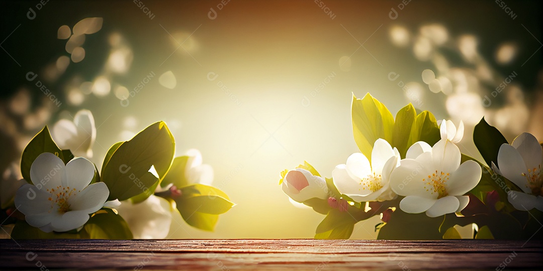 Cenário de madeira com flores brancas