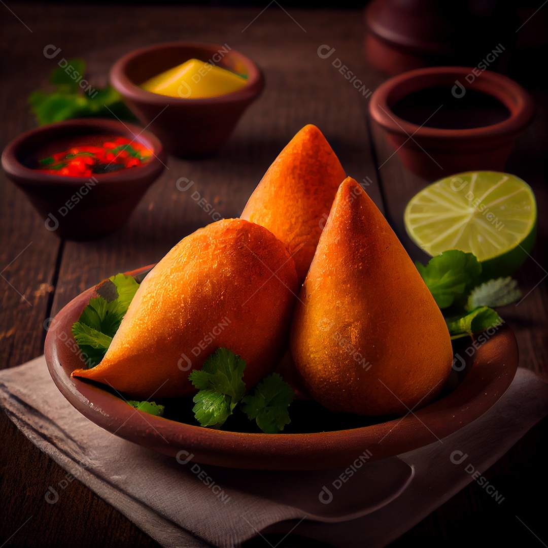 Deliciosas coxinhas recheadas em prato de madeira