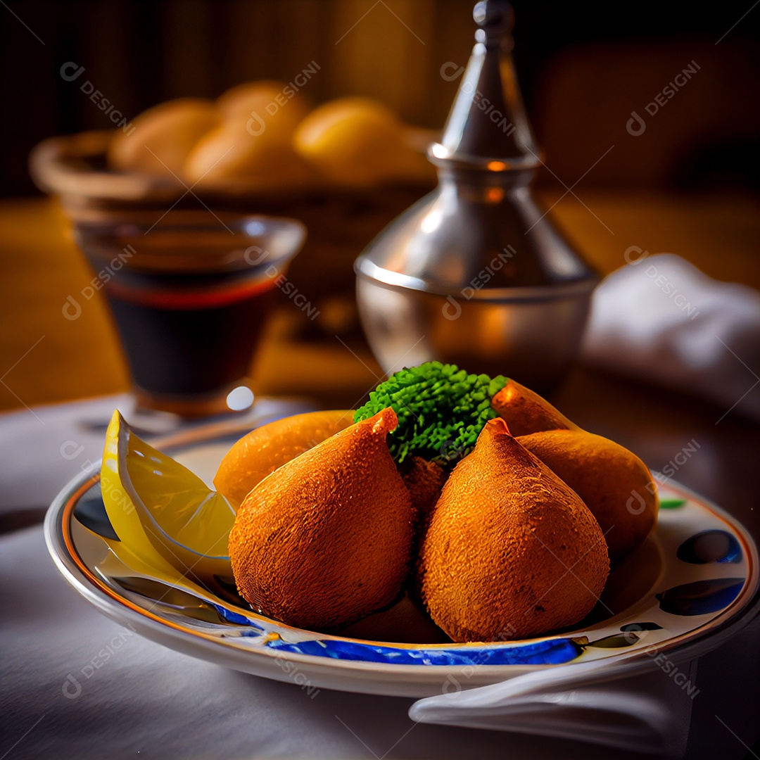 Deliciosas coxinhas recheadas em prato de madeira