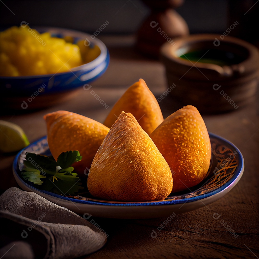 Deliciosas coxinhas recheadas em prato de madeira