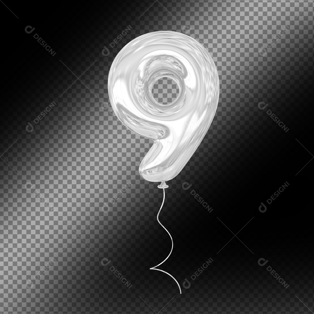 Balão De Festa Prata De Número 9 Fundo Preto Elemento 3D Para composição PSD