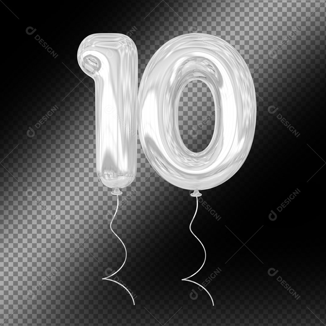 Balão De Festa Prata De Número 10 Fundo Preto Elemento 3D Para composição PSD