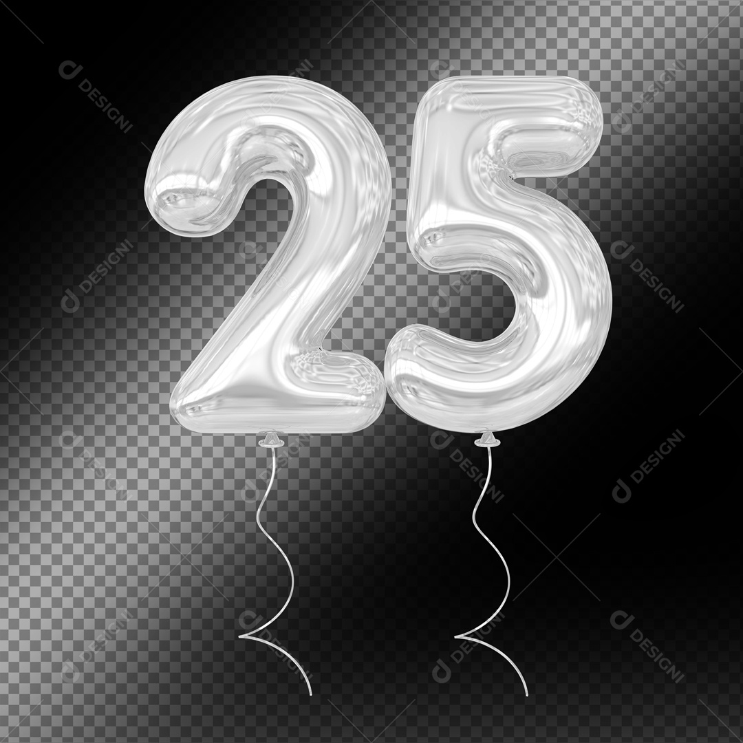 Balão De Festa Prata De Número 25 Fundo Preto Elemento 3D Para composição PSD