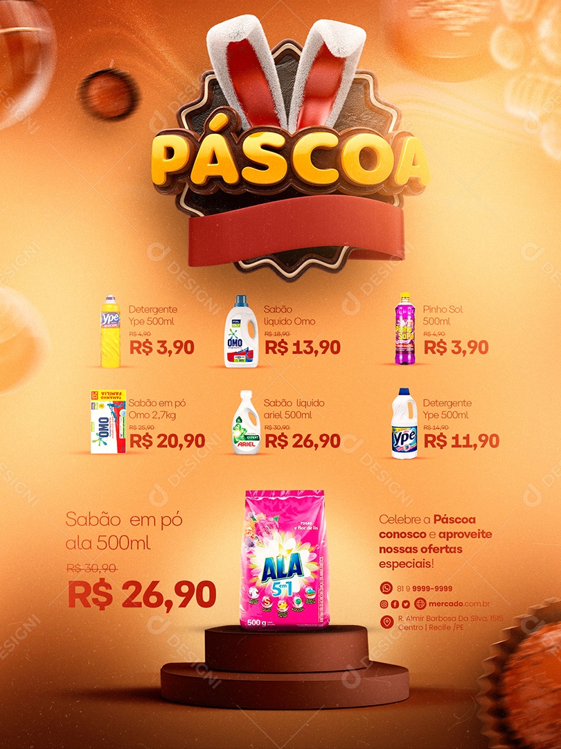 Encarte Páscoa Produtos Limpeza Supermercado Social Media PSD Editável