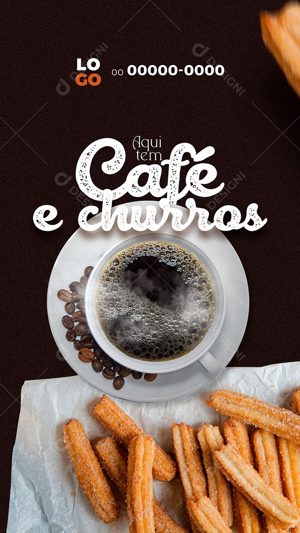 Aqui Tem Café e Churros Cafeteria Story Social Media PSD Editável