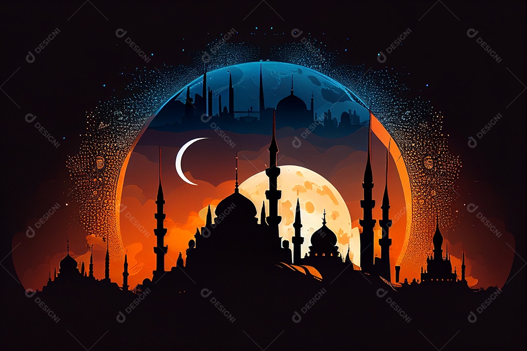 Plano de fundo Ramadan Kareem Lua crescente e nuvem gerada por IA