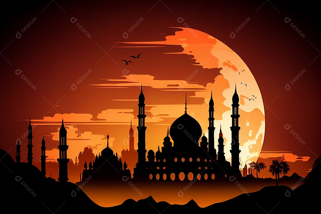 Belo fundo abstrato de Baitul Mukarram com lua cheia ao fundo gerado por IA