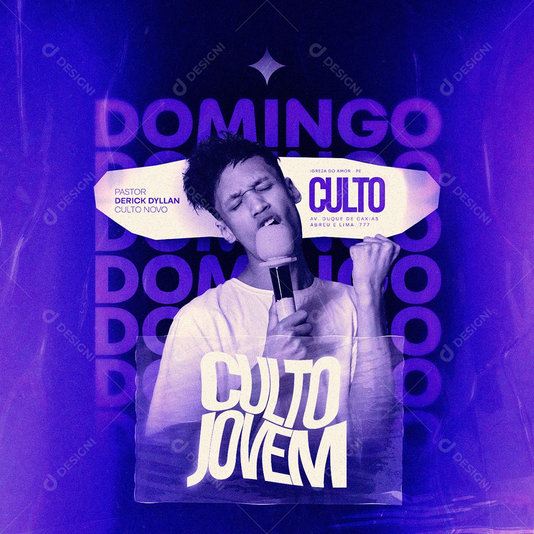 Domingo Pastor Derick Dyllan Culto Jovem Gospel Flyer Social Media PSD Editável