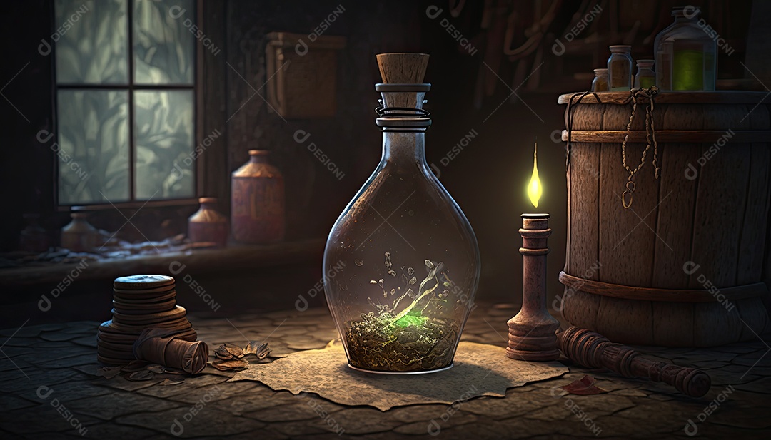 Ilustrações sobre garrafa de poções.