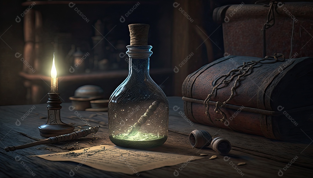 Ilustrações sobre garrafa de poções.